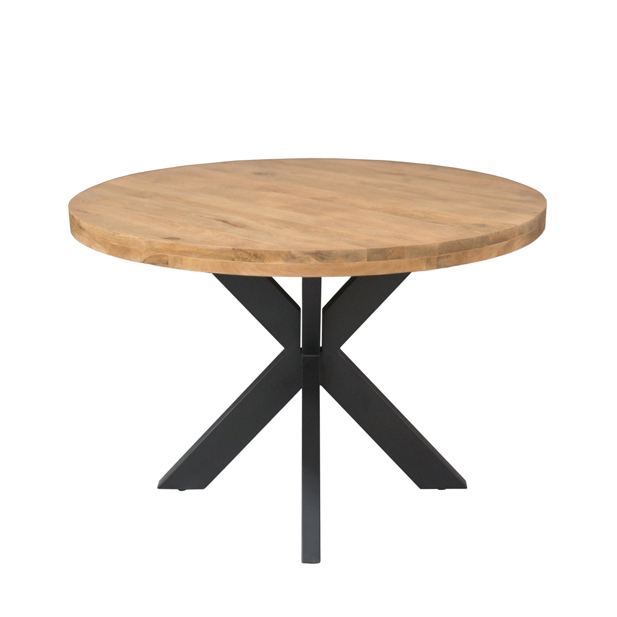 Ronde eettafel met licht eikenlook blad en zwart kruispoten