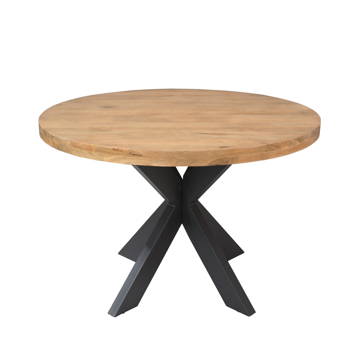 Ronde eettafel met houten blad en zwart metalen kruis onderstel