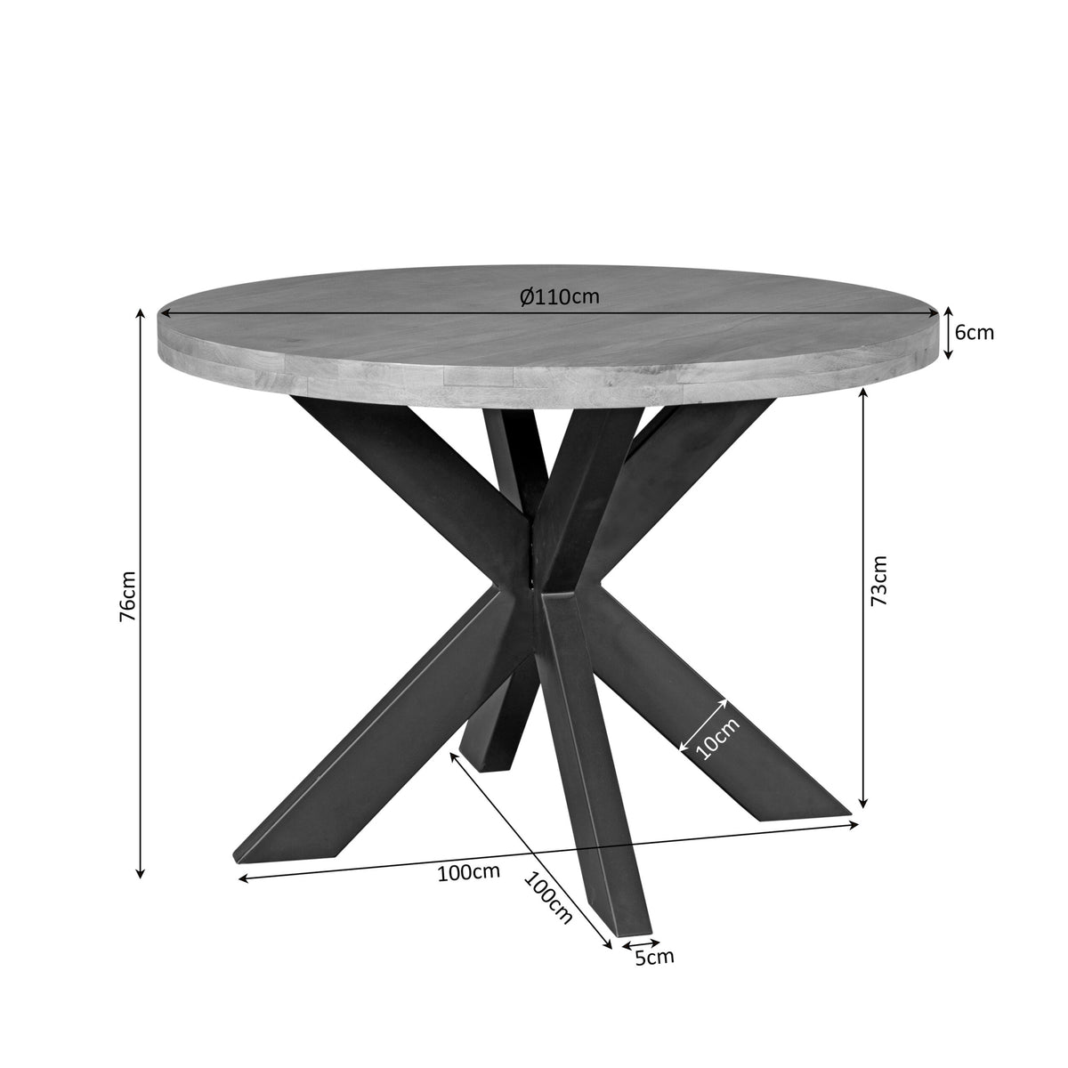 Ronde eettafel maatdiagram: 110 cm, houten blad en zwart metalen X-poten