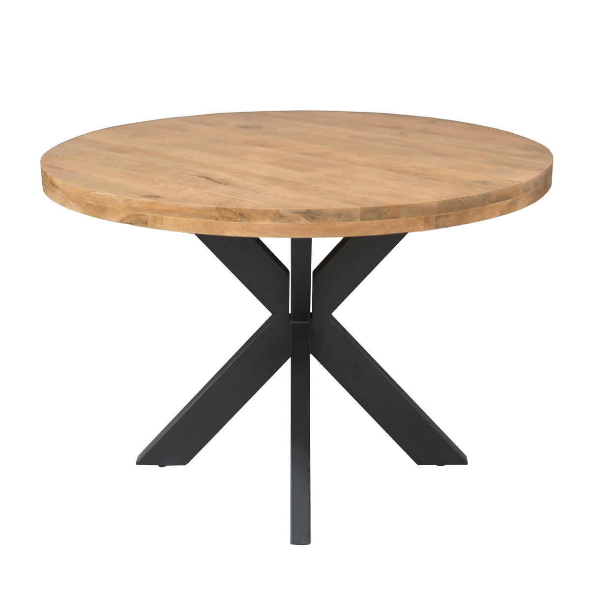 Ronde eettafel Dakota met licht houten blad en zwart metalen X-poten