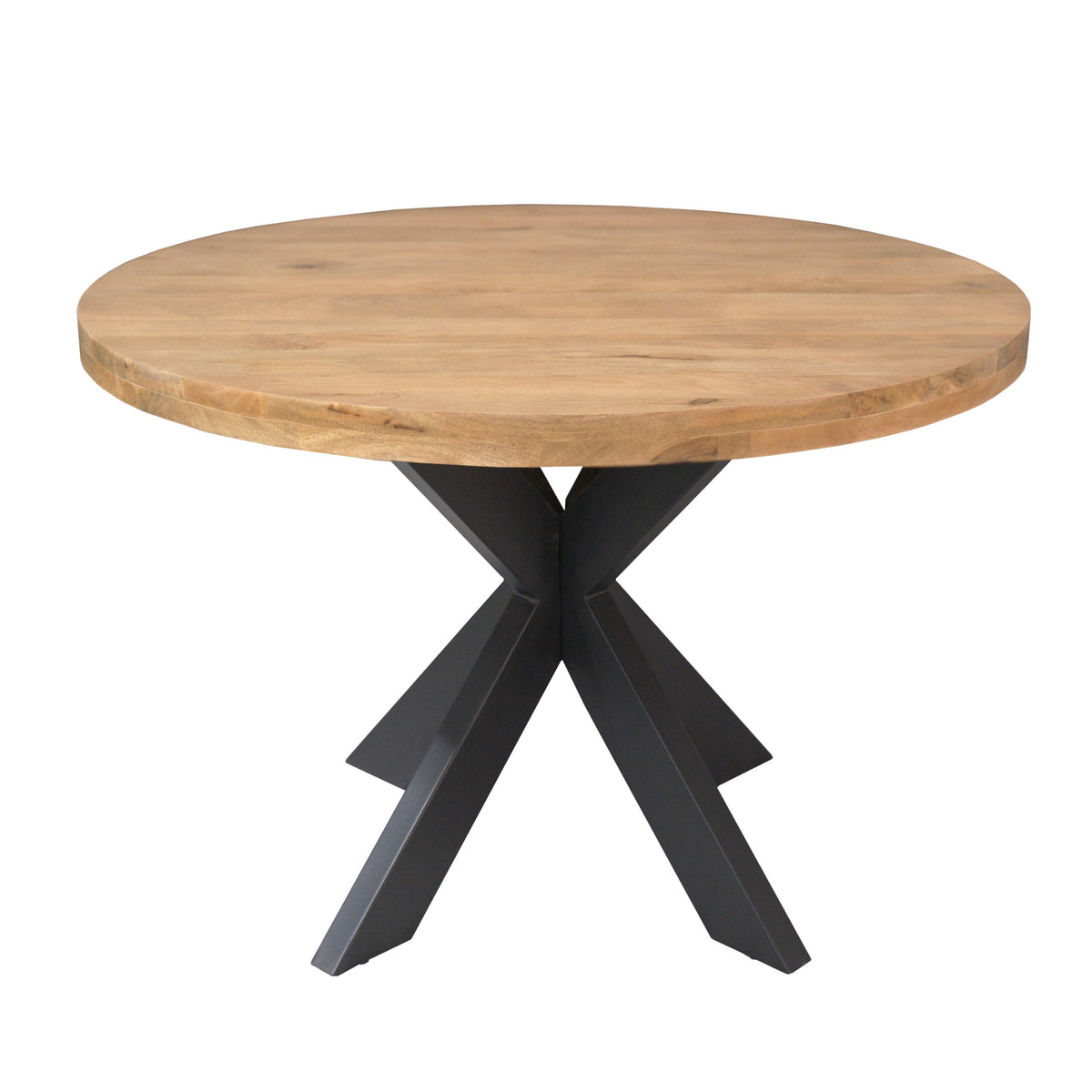 Ronde eettafel Dakota met rond licht houten tafelblad en zwarte driehoekpoten