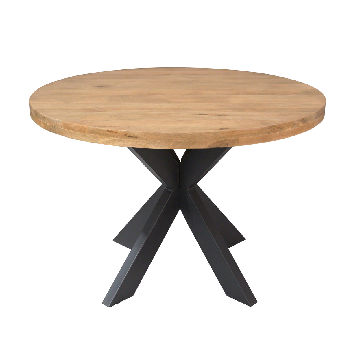 Ronde houten eettafel met zwart metalen kruispootframe