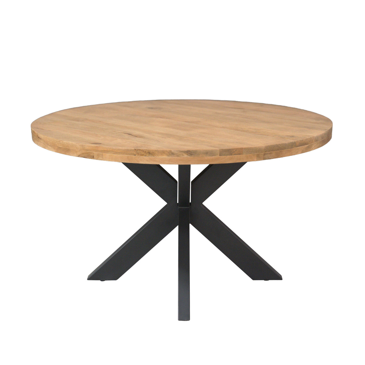 Ronde eettafel met houten blad en zwarte kruispoten, ronde tafelbladrand
