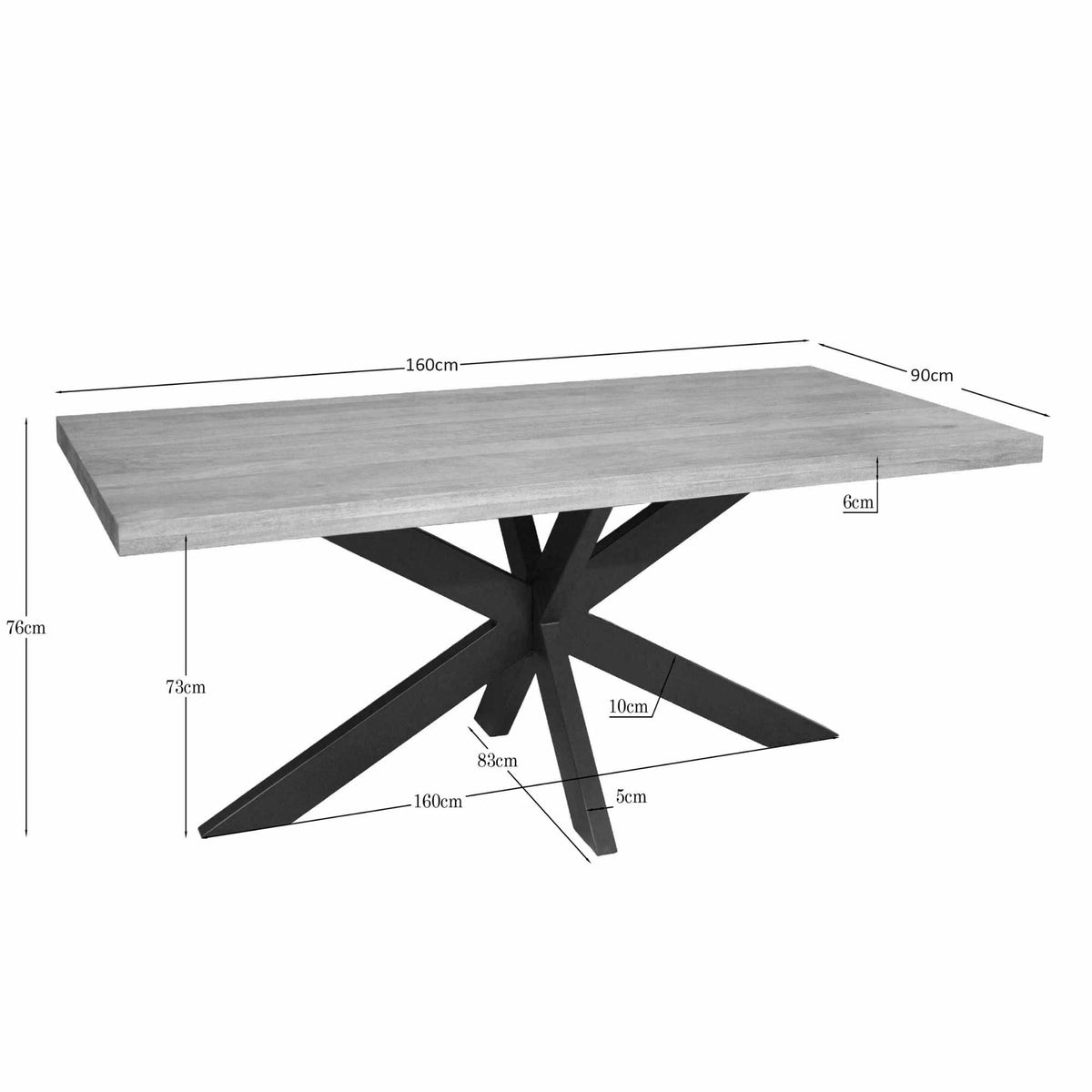Rechthoekige houten tafel met afmetingen 160×90 cm en hoogte 76 cm