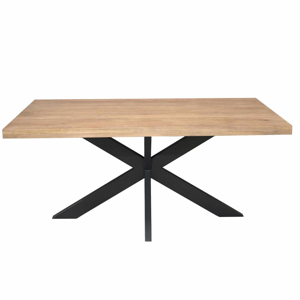 Rechthoekige eettafel met licht houten blad en zwart kruispoot-onderstel