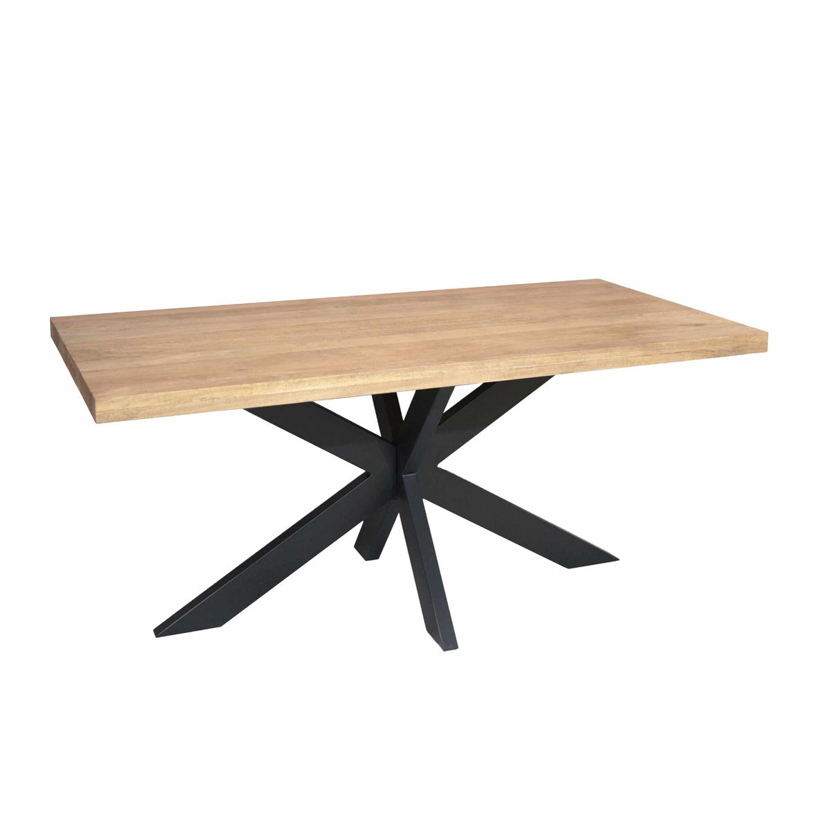Rechthoekige eettafel met licht houten blad en zwart kruispoot, zijaanzicht