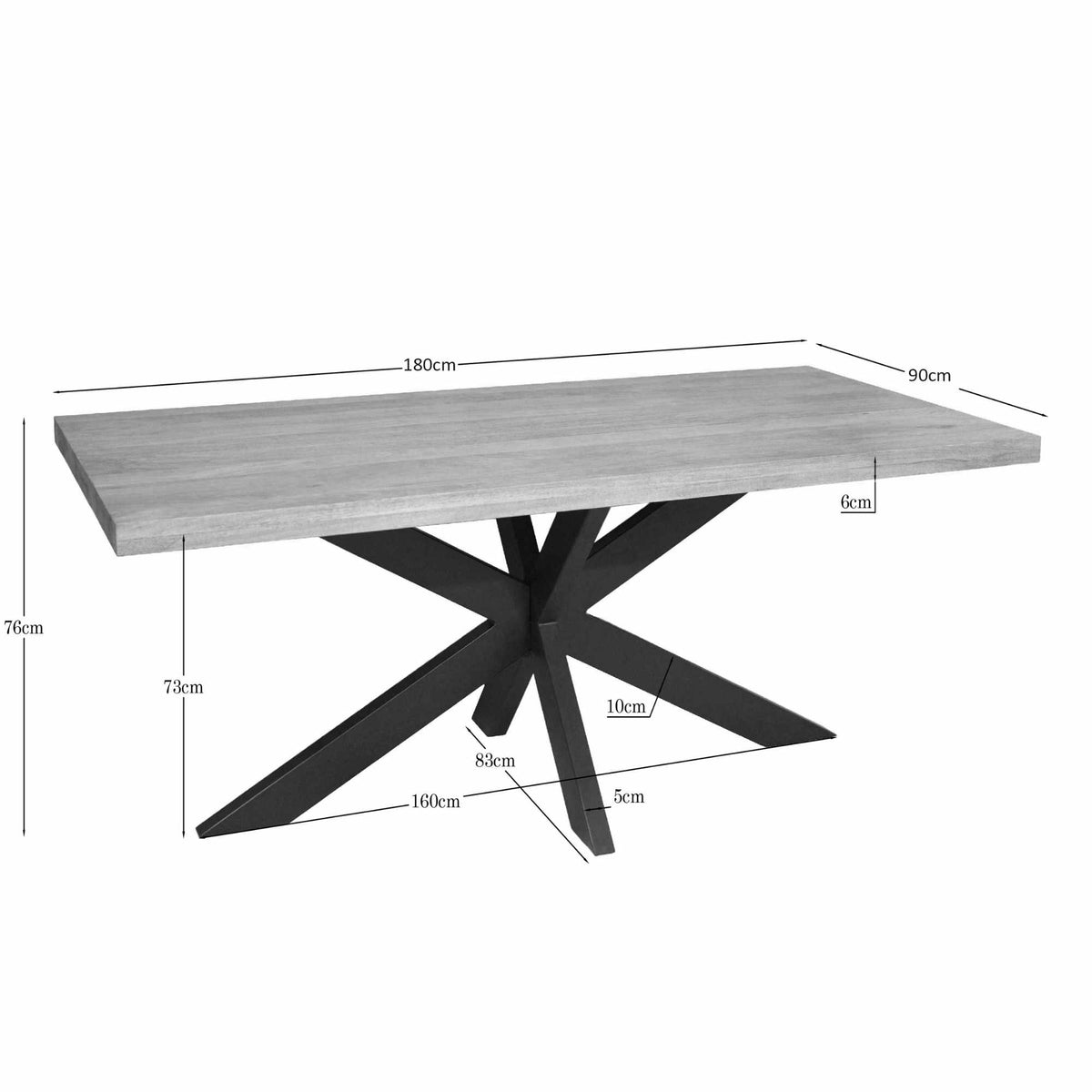 Rechthoekige eettafel met licht houten blad en zwart onderstel, afmetingen 180x90 cm