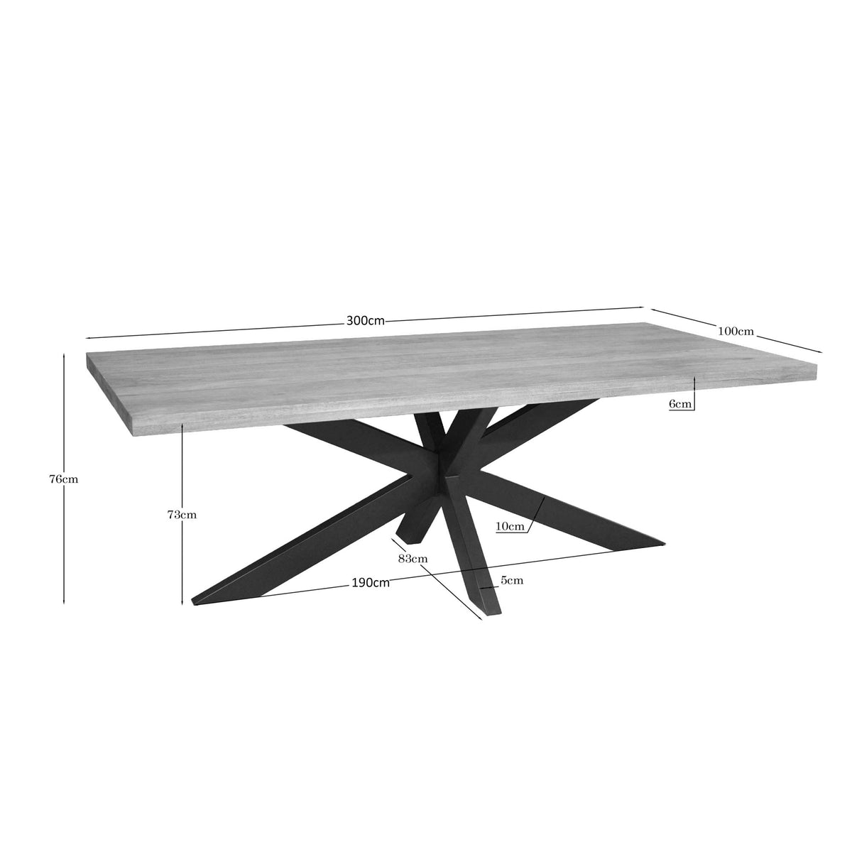 Rechthoekige eettafel met licht houten blad, zwarte poot en zichtbare afmetingen