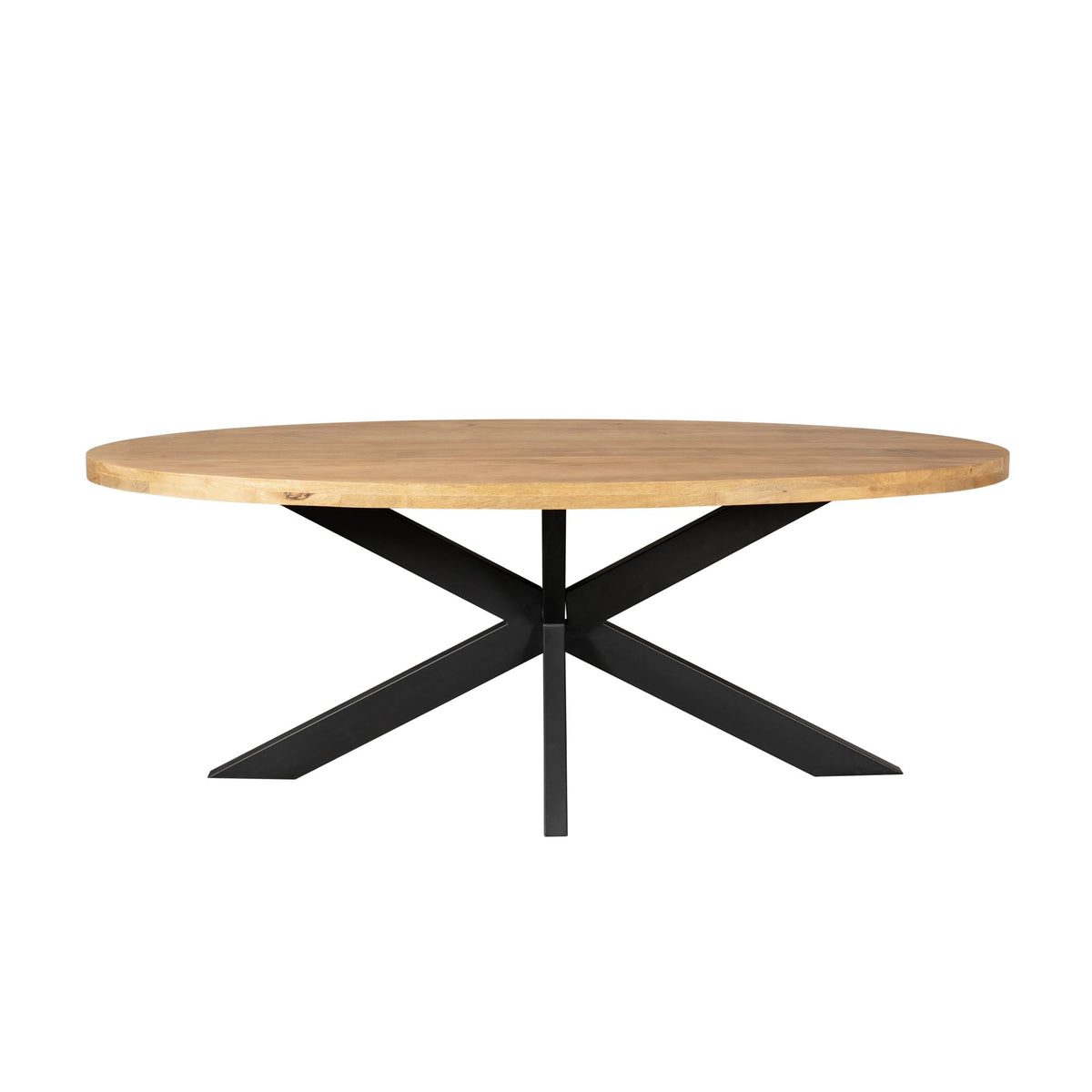 Ovale houten eettafel met zwart metalen X-poten, 160 cm