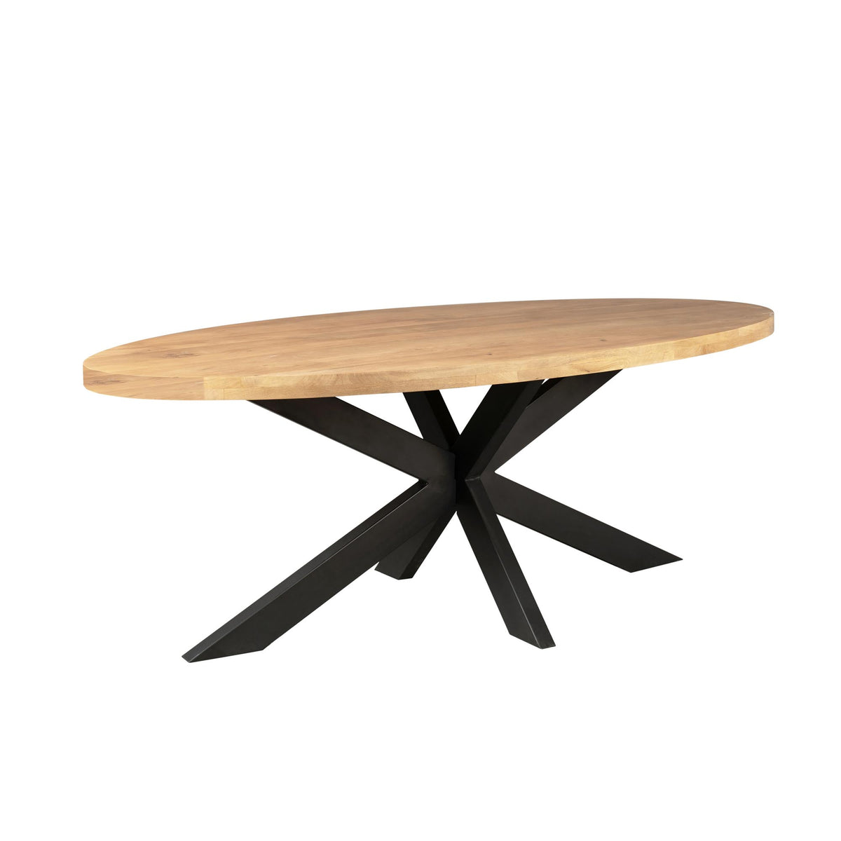 Ovale houten eettafel met zwart metalen X-poot en brede bladrand