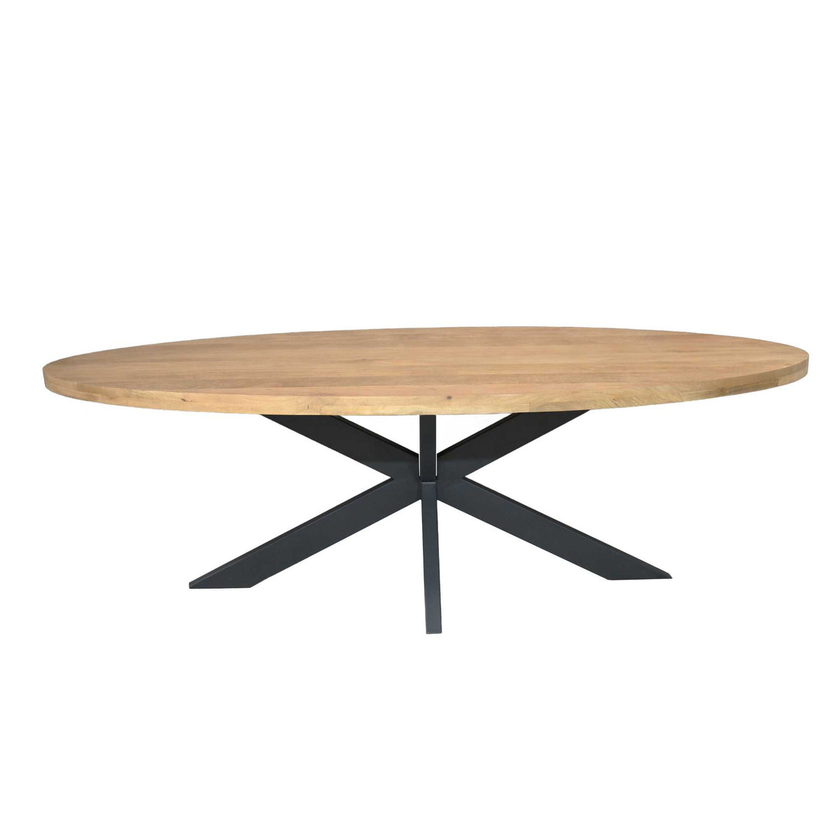 Ovale eettafel met rond licht houten blad en zwarte metalen pootframe