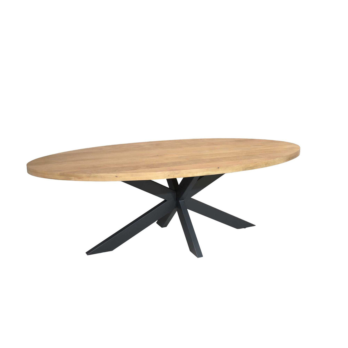 Ovale eettafel met licht houten blad en zwarte metalen pootconstructie