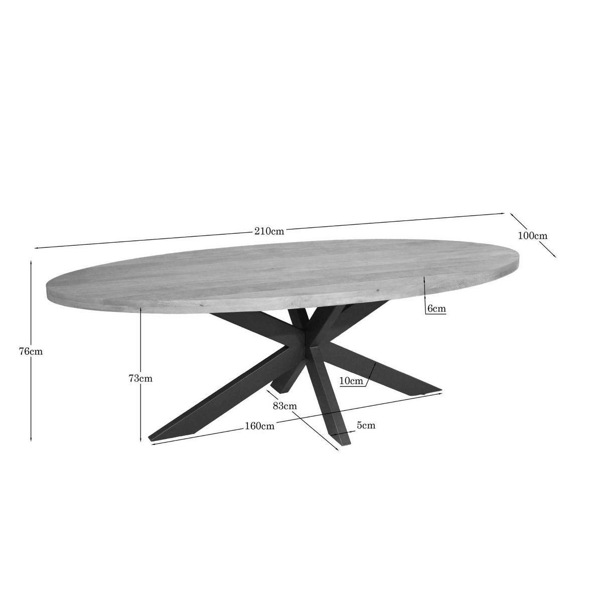 Ovale eettafel met licht houten blad en zwarte pootframe (210×100×76 cm)