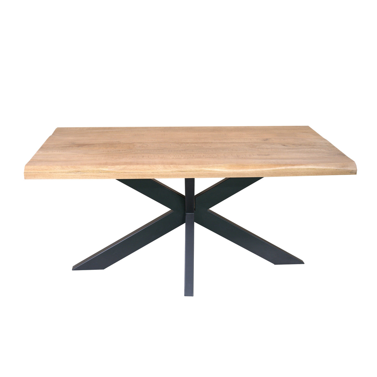 Boomstamtafel met eikenhouten blad en zwarte metalen X-poten, rechthoekig.