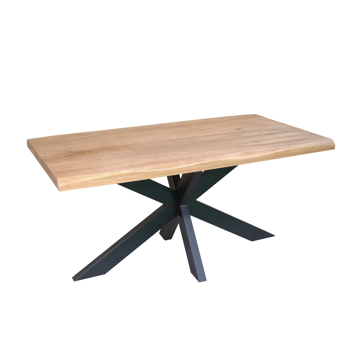 Boomstamtafel met eikenhouten blad en zwarte poot, schuin model vooraanzicht.