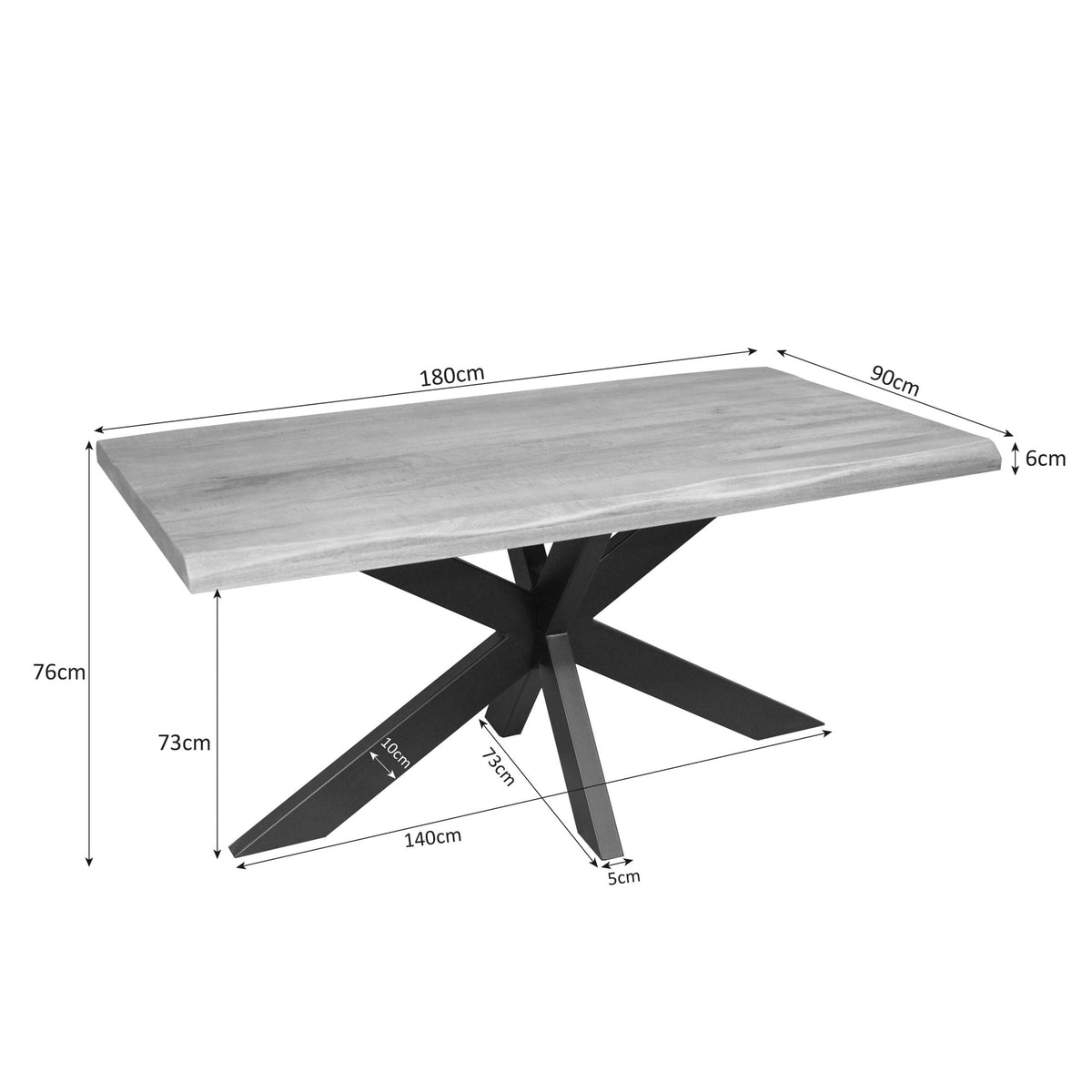 Boomstamtafel met houtnerfblad en zwarte kruispoot; 180×90×76 cm.