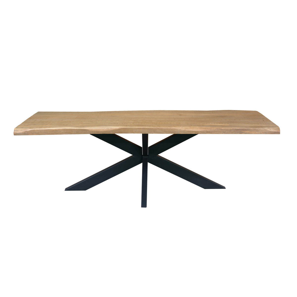 Boomstamtafel met licht houten blad en zwarte metalen kruispoot, rechthoekig