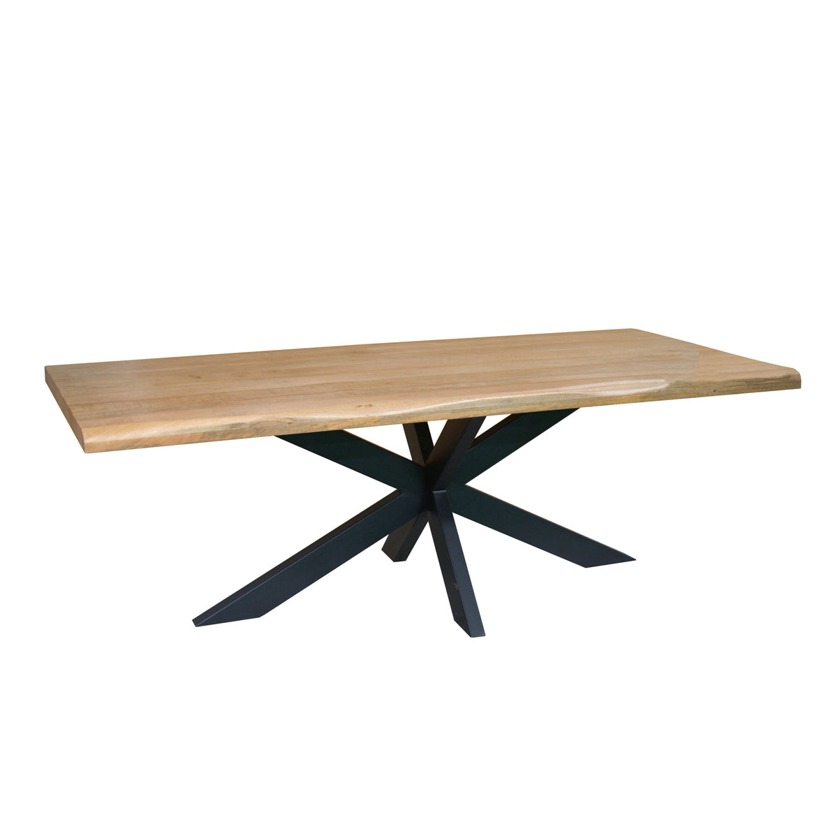 Boomstamtafel met licht houten blad en zwarte kruisvoet, schuine zijrand