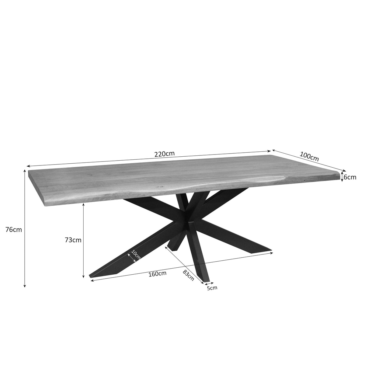 Boomstamtafel met afmetingen 220×100×76 cm; blad: 6 cm dik, zwarte kruispoot