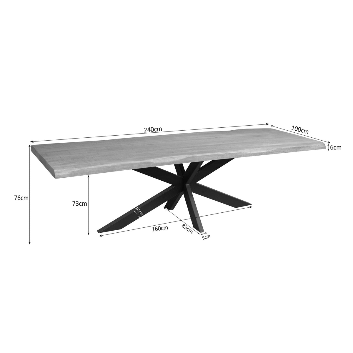 Boomstamtafel 240×100×76 cm met 16 cm dik houten blad en zwarte metalen onderstel