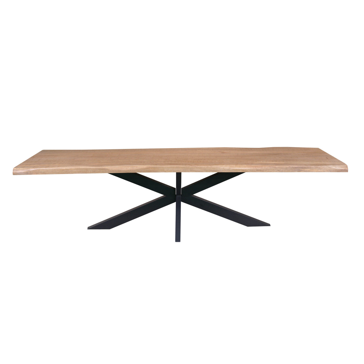 Boomstamtafel met houten tafelblad en zwart metalen onderstel met X-vormige poten.