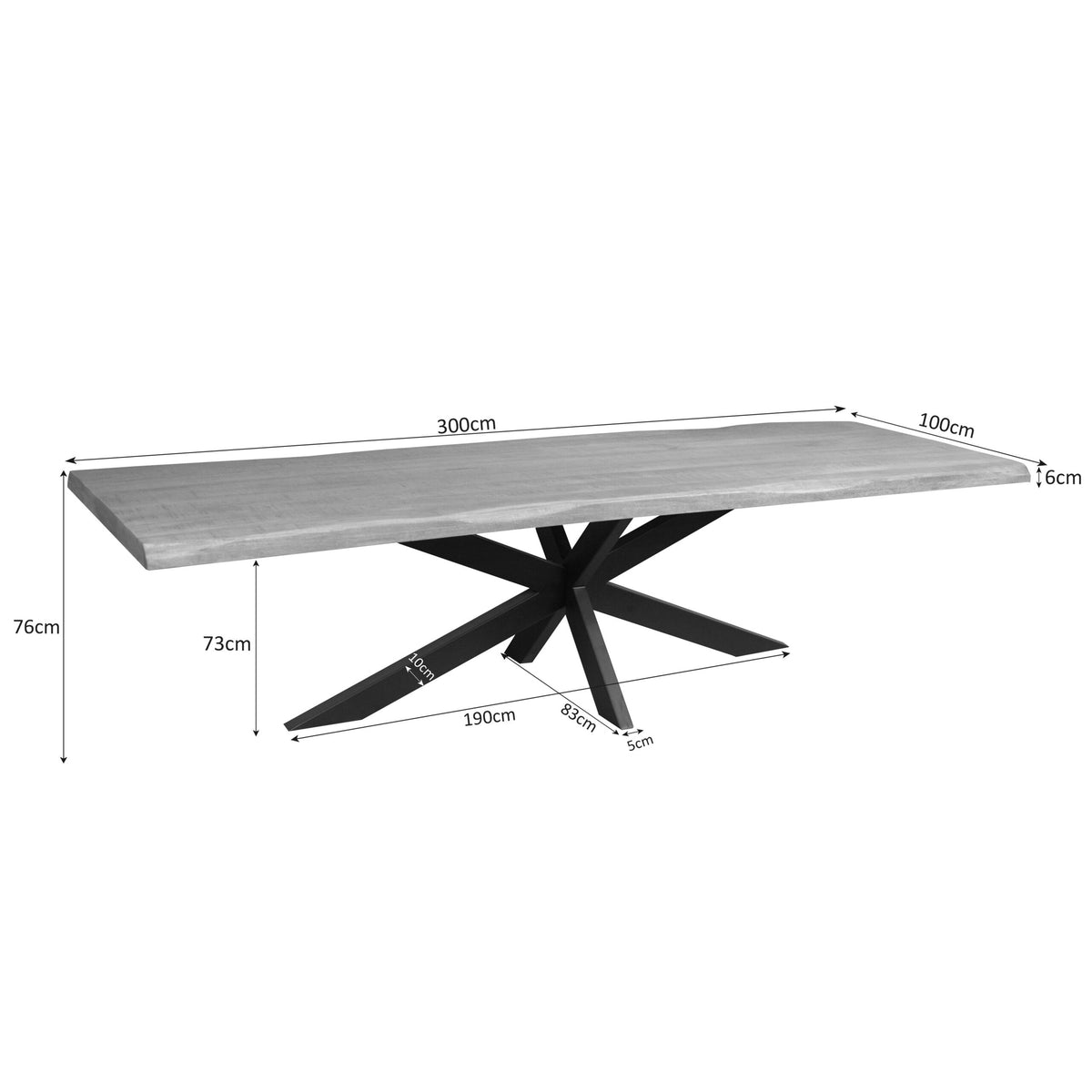 Boomstamtafel met houten blad; maten 300×100×6 cm, hoogte 76 cm.