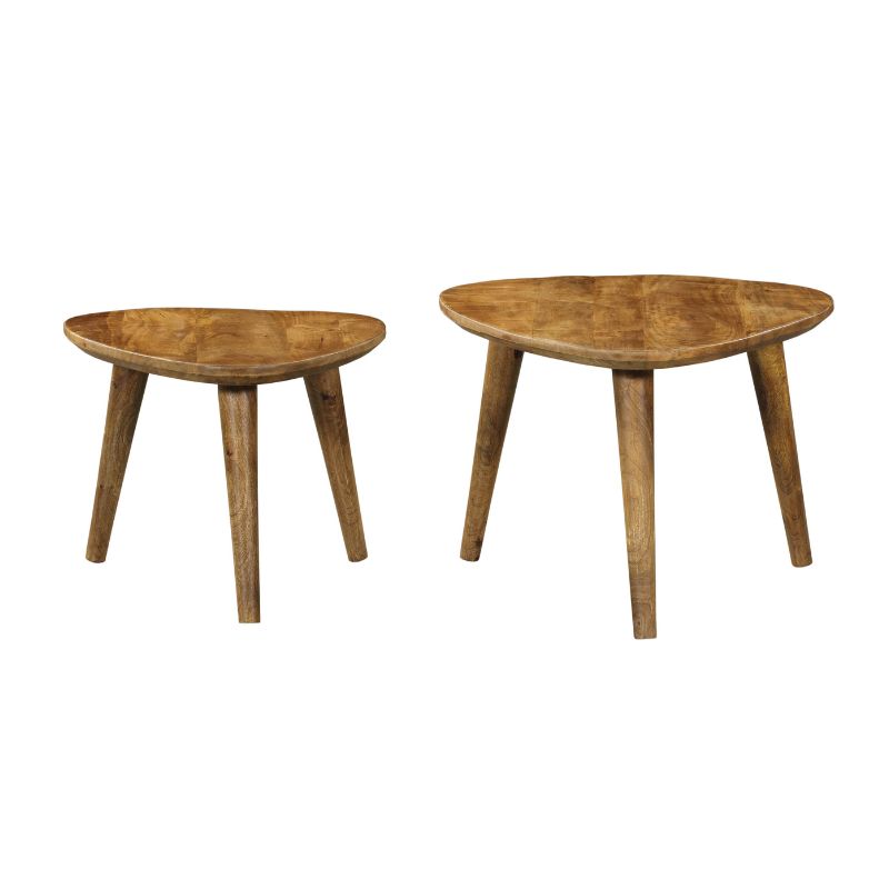 Set van 2 ronde salontafels in bruin hout, twee maten, slanke houten poten.