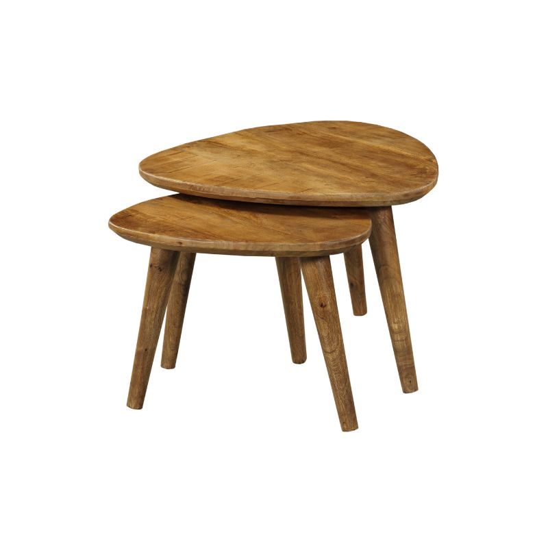 Nestbare salontafels met rond bruin houten blad en kleinere tafel erboven.