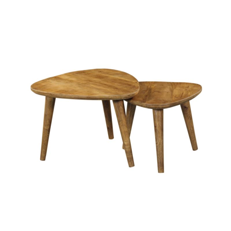 Twee ronde salontafels van bruin hout, klein en groot naast elkaar, nestbaar.