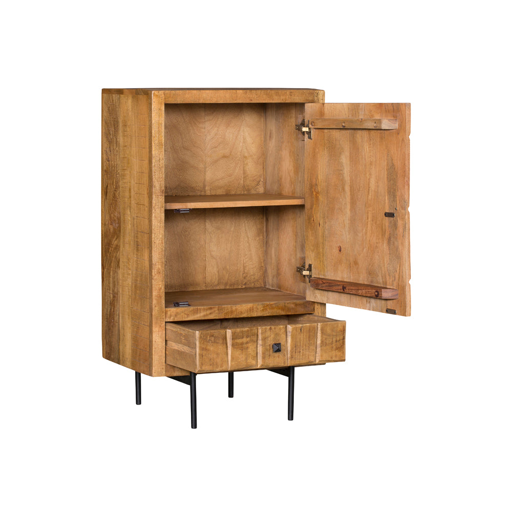 Houten kast met open deur, zichtbare schappen en lade, bruin.