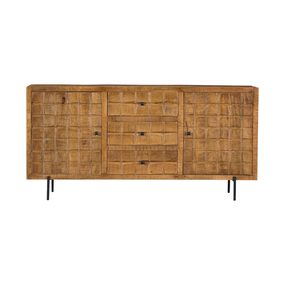 Dressoir met twee deuren en centrale lade, eikenkleurig hout, zwarte pootjes.