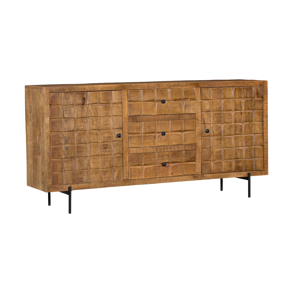 Dressoir met twee deuren en ladeblok, eikenkleurig hout, zwarte pootjes.
