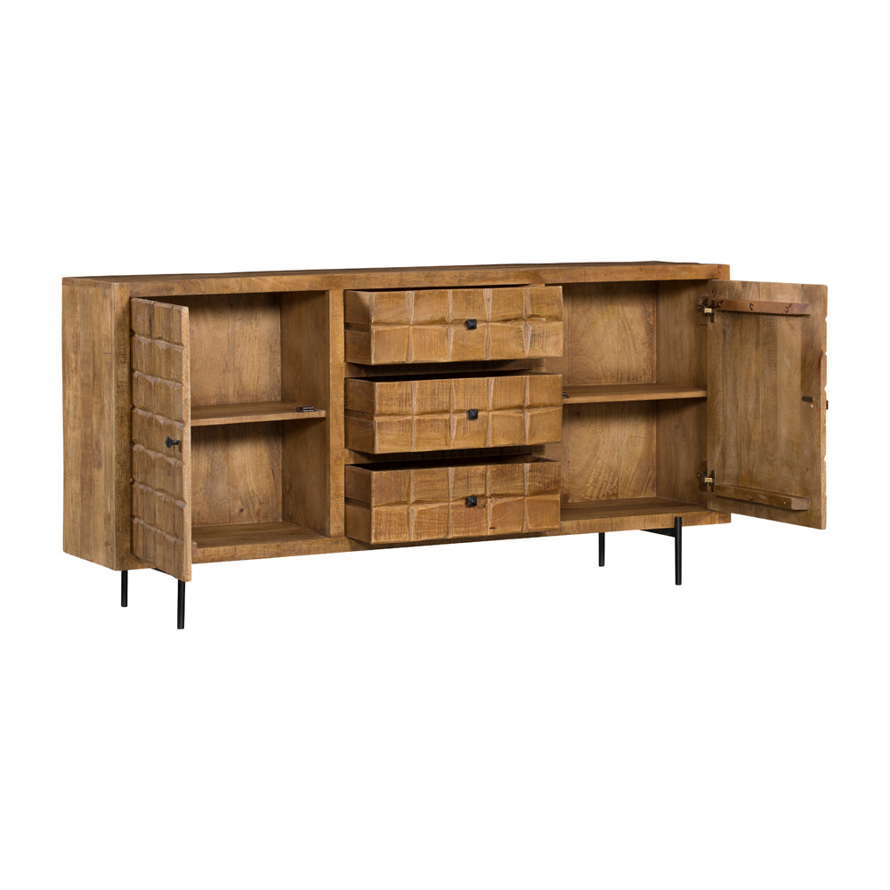 Dressoir met open deuren: legplanken en laden, eikenkleurig hout, zwarte pootjes.