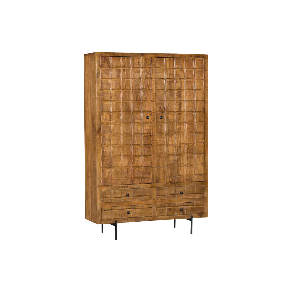 Houten kabinet met 2 deuren en 4 laden aan zijkant, goudbruine houtnerf, zwarte poten