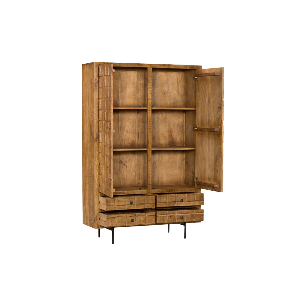 Houten kast met open deuren en schappen, 4 laden onderaan, bruin hout