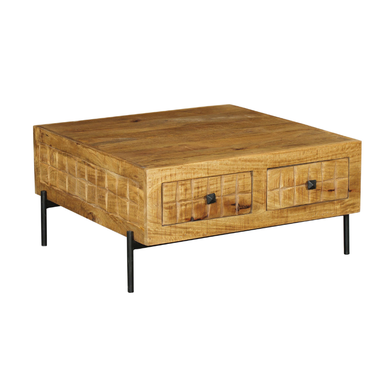 Houten salontafel met twee laden en zwarte poten, boven- en zijkant