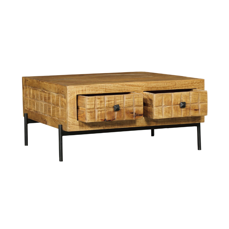 Houten salontafel met twee laden en zwarte poten, zijaanzicht