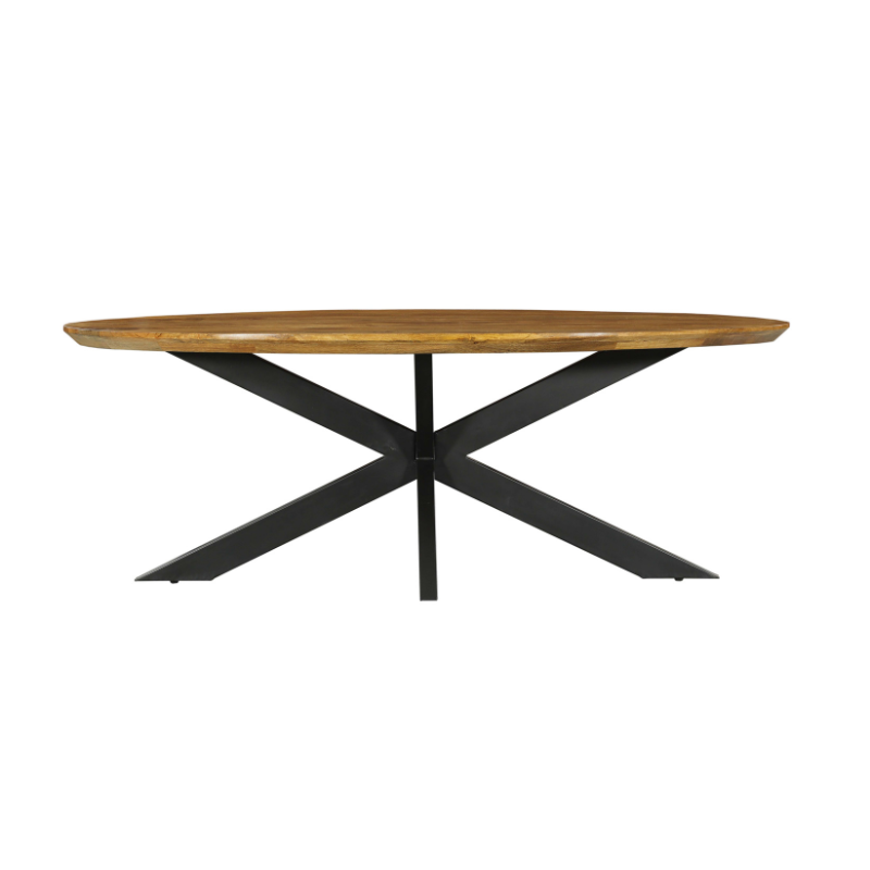 Ovale eetkamertafel Brandy met bruin blad en zwarte metalen poten, vooraanzicht