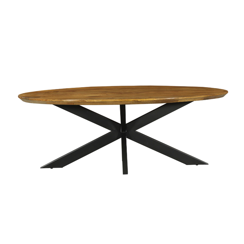 Ovale eettafel met rond warmbruin houten blad en zwart X-onderstel