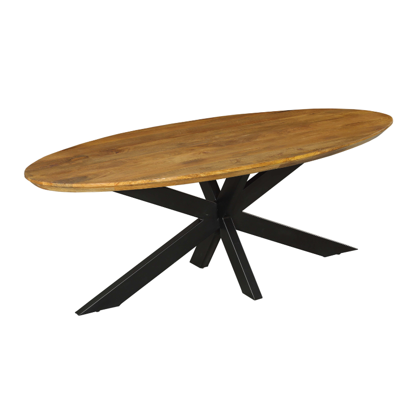 Ovale eettafel met rond houten blad en zwart metalen onderstel