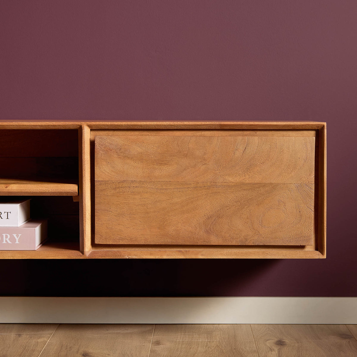Zwevend tv-meubel naturel hout met open vak en grote lade, glad oppervlak, 120 cm