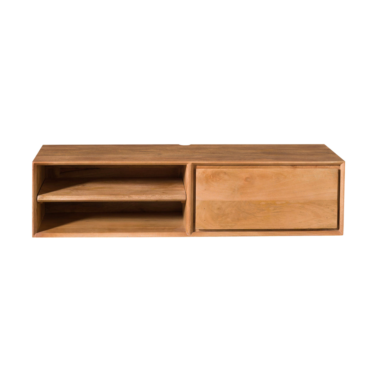 Zwevend tv-meubel naturel hout, open vak en lade, bovenaanzicht, 120 cm
