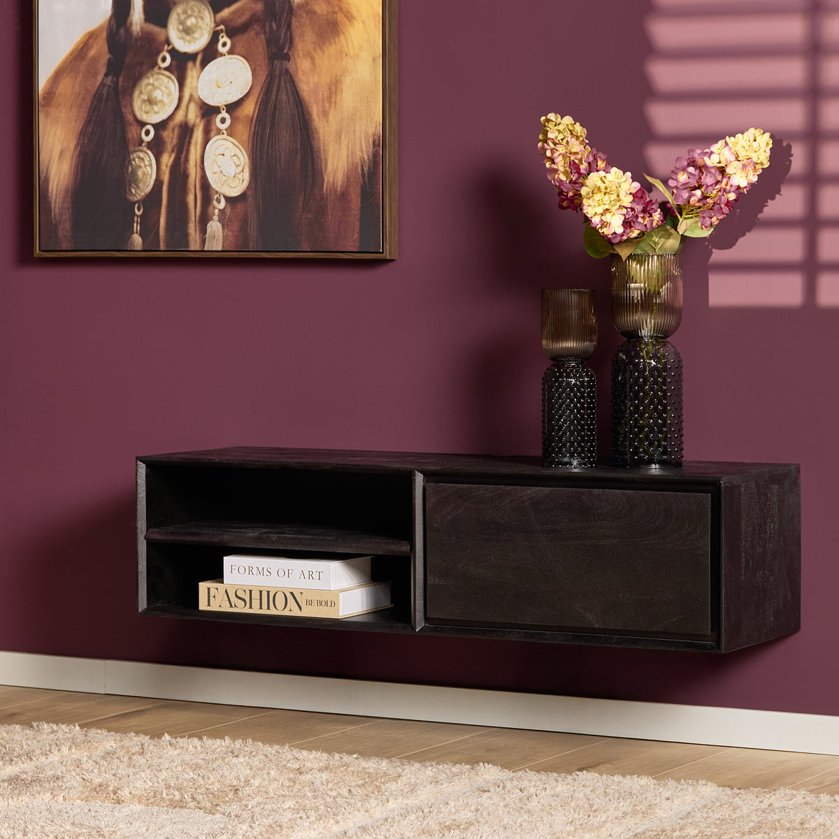 Zwevend tv-meubel met open vak en lade, donkerbruin/zwart hout, 120 cm breed