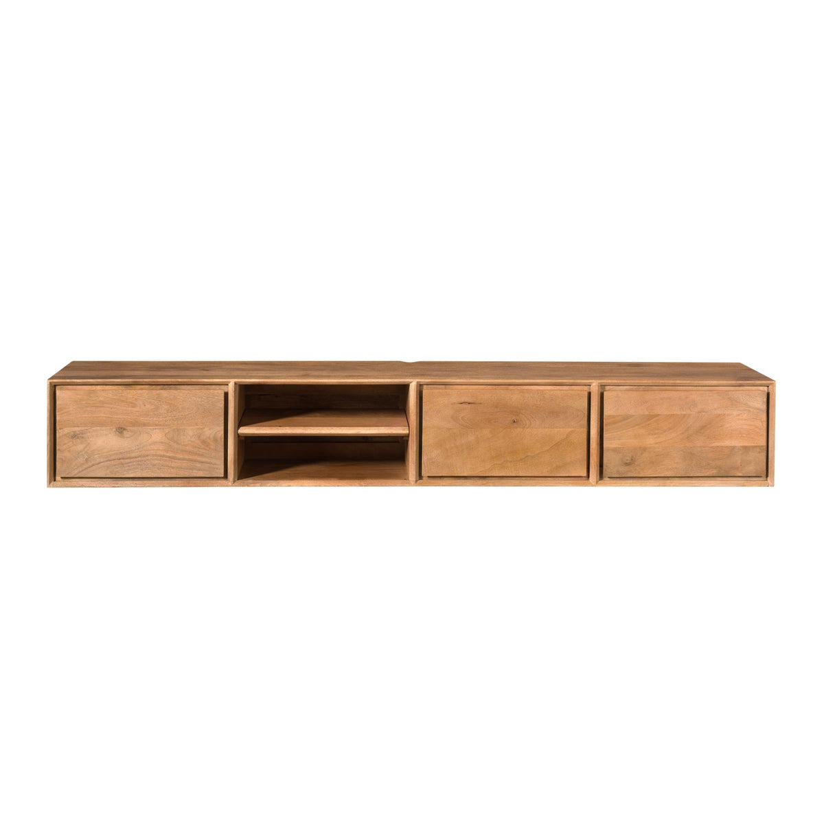 Zwevend tv-meubel naturel hout, front met vier lades en open compartiment