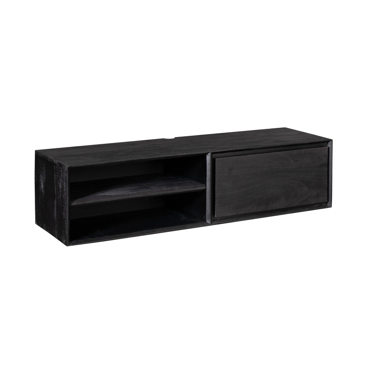 Zwevend tv-meubel in zwart met linker open nis en rechter lade, gladde front.
