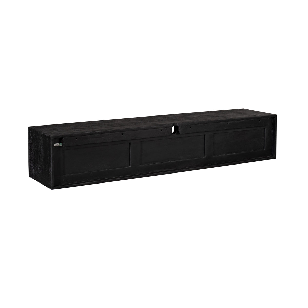Zwarte frontzijde van zwevend tv-meubel met twee ladefronten en open middenvak