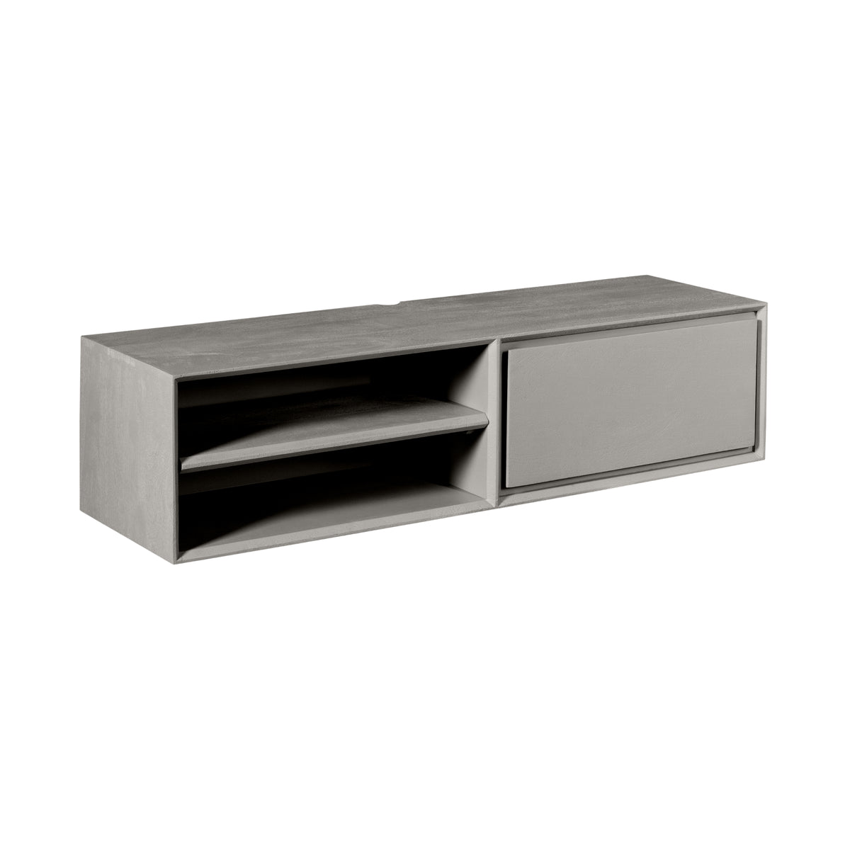 Zwevend tv-meubel in taupe met open vak links en grote lade rechts