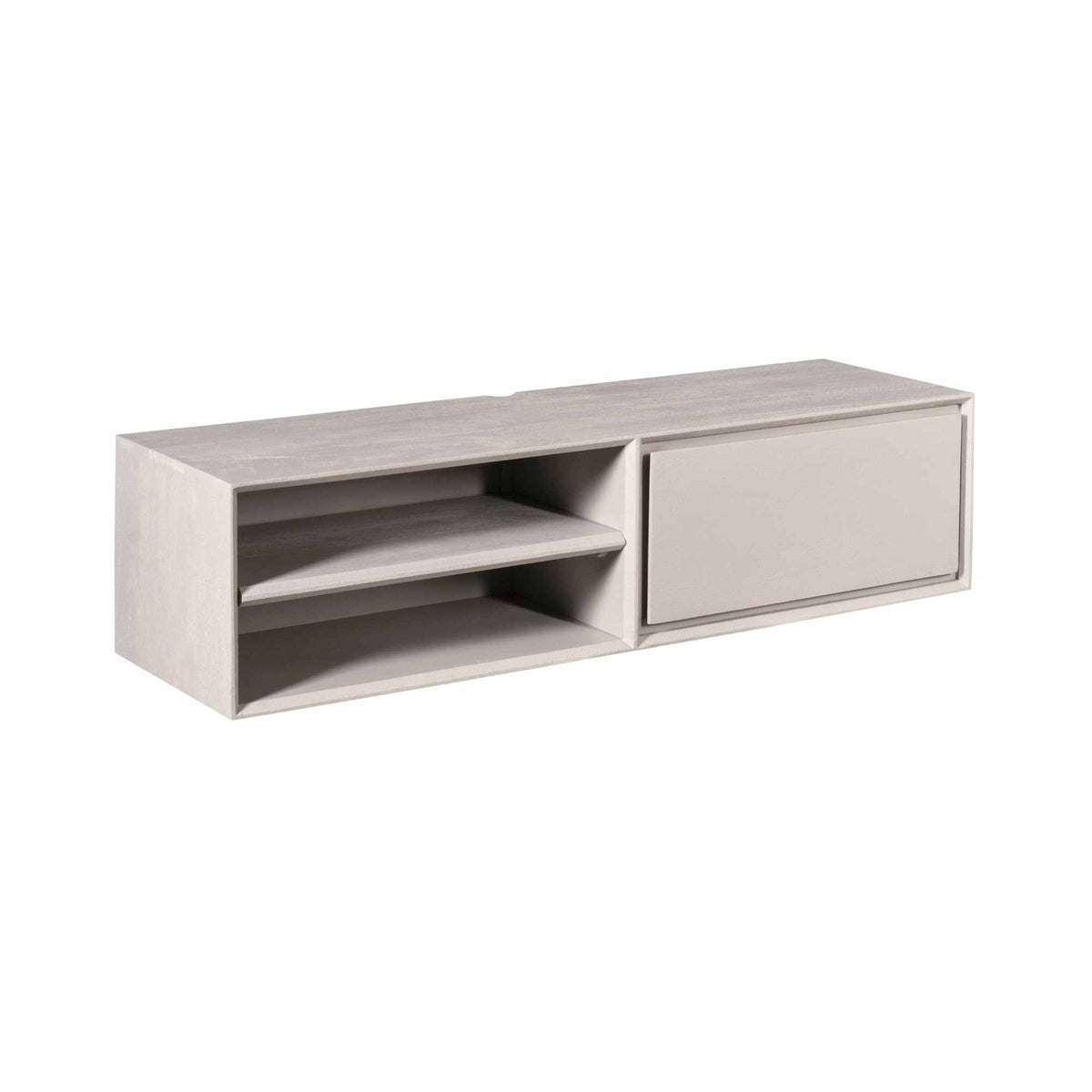 Zwevend tv-meubel in taupe met open schappen links en lade rechts, schuin zicht