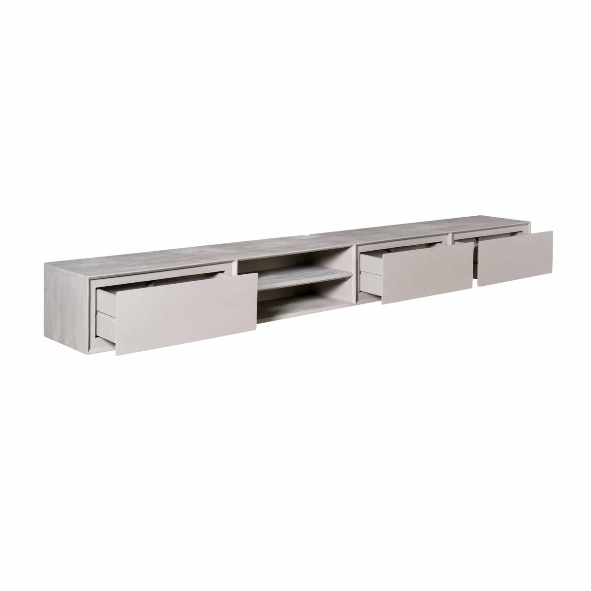 Zwevend tv-meubel taupe met open middenvak en 3 lade-/klepfronten