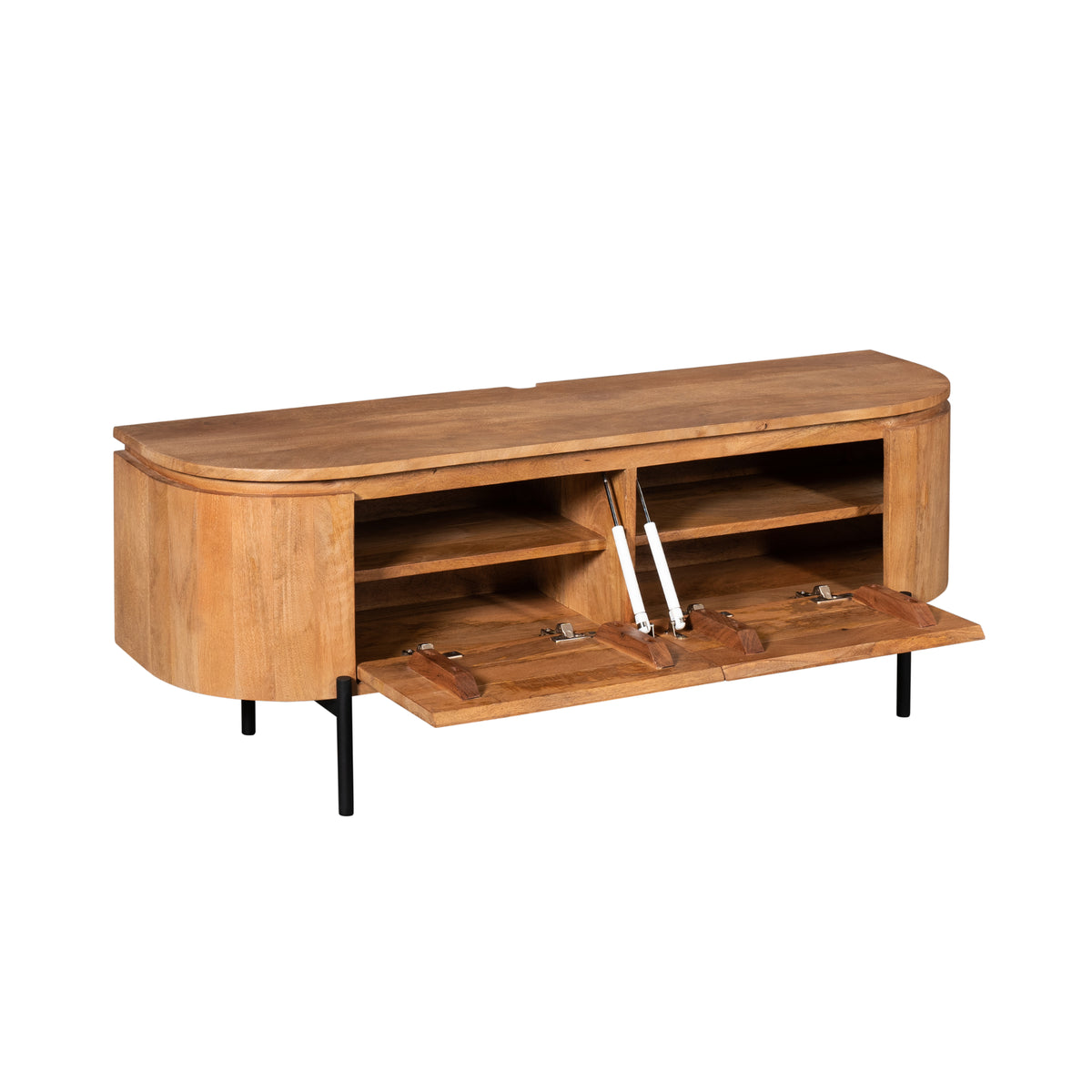 Tv-meubel Excellent Naturel met open opbergvak en bruine houten plank, zwarte poten